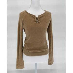 Coquette Cottagecore Lace Up Neck‎ Long Sleeve Chenille Sweater Tan Womens S